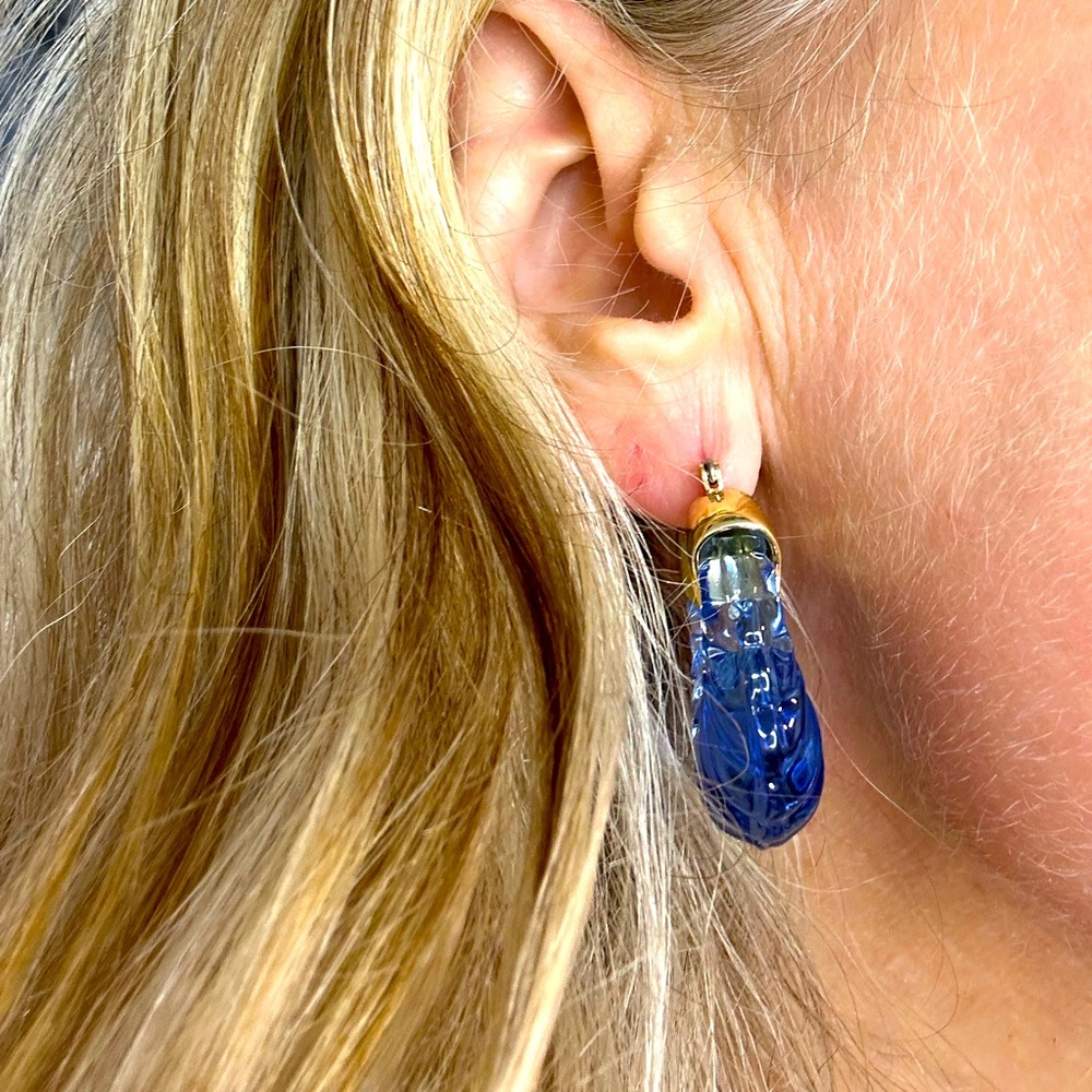 Crystal or glass, royal blue hoop earrings